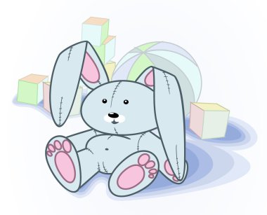 Funny bunny on the background of toys. clipart