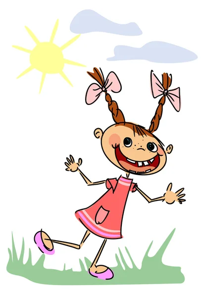 Funny girl runs across the grass and smiling. — Stock Vector