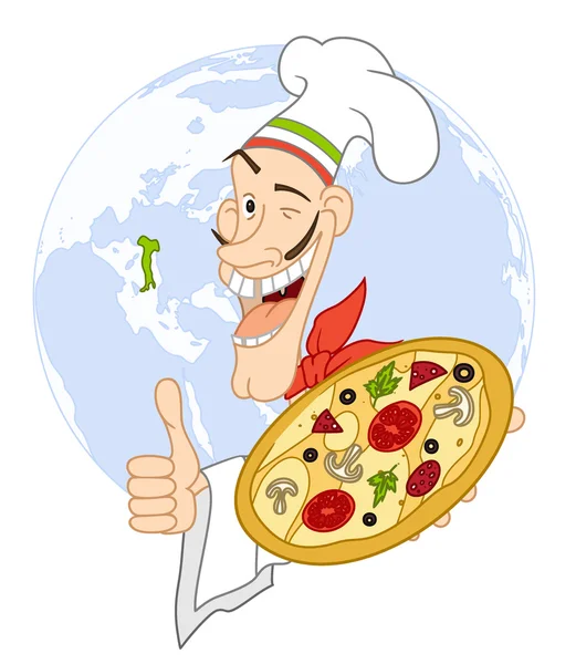 Chef with pizza on the background of the Earth. — Stock Vector