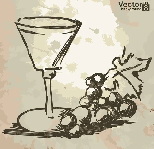 Copa con vino y uvas vid sobre fondo grunge . — Vector de stock