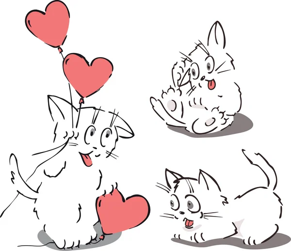Дружественные мультяшные кошки с большим сердцем и воздушным шаром . — стоковый вектор