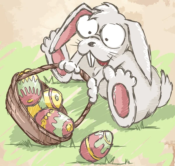 Un lindo conejito de Pascua sentado cerca de la cesta de huevos de Pascua . — Vector de stock