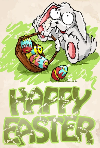 Un lapin de Pâques mignon assis près du panier d'œufs de Pâques . — Image vectorielle