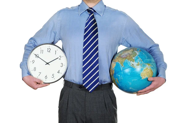 Businessman with a Clock and the Globe — Stock Photo, Image
