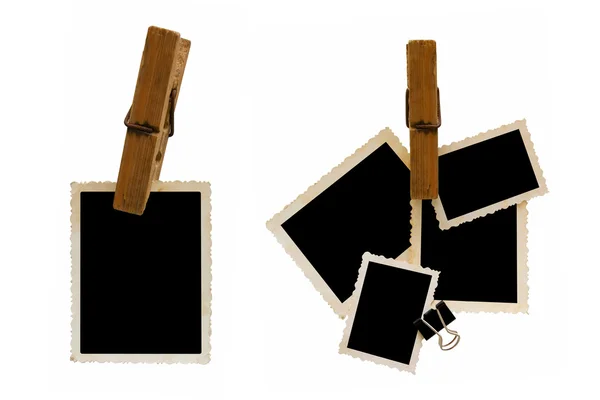 stock image Hanging aged photo frames on white background