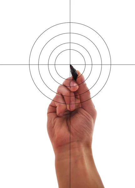 La mano humana dibuja flechas, un montón de opciones para llegar a un objetivo Imagen de archivo
