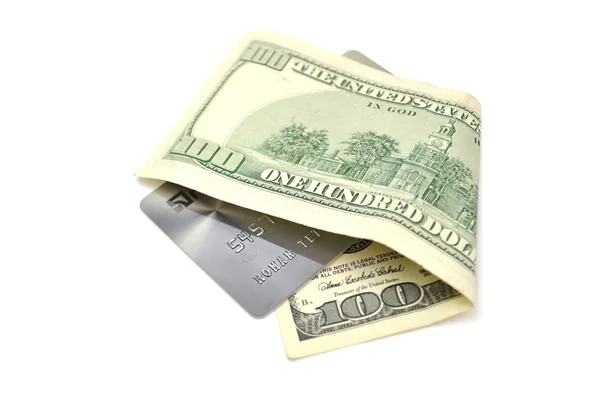 Kreditkort insvept i en dollar isolerad på vit — Stockfoto