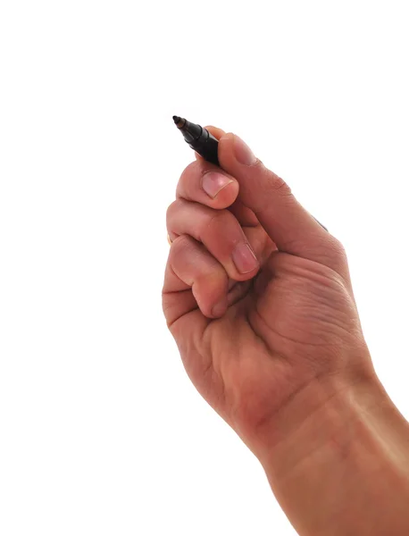 stock image Young man hand holds marker and writing, draws something in th