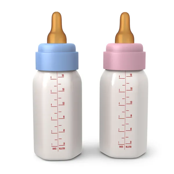 Дві шестикутні дитячі пляшки з молоком — стокове фото
