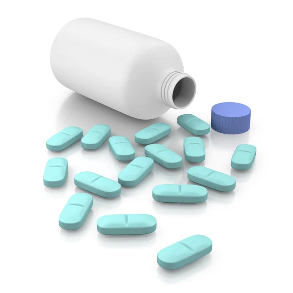 Grüne längliche Tabletten oder Pillen mit Flasche — Stockfoto