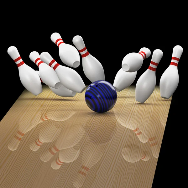 stock image Bowling a strike on black background