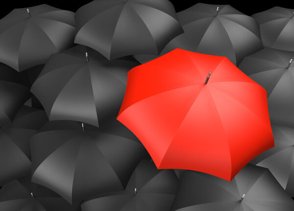 Background of umbrellas with a single Red umbrella