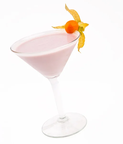 A delicious pink cocktail in a glass beaker decorated with cape — Stock Photo, Image
