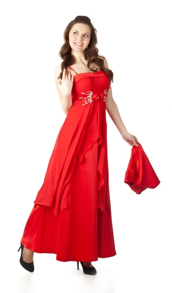 Młoda kobieta w czerwonej sukience z szalem — Zdjęcie stockowe