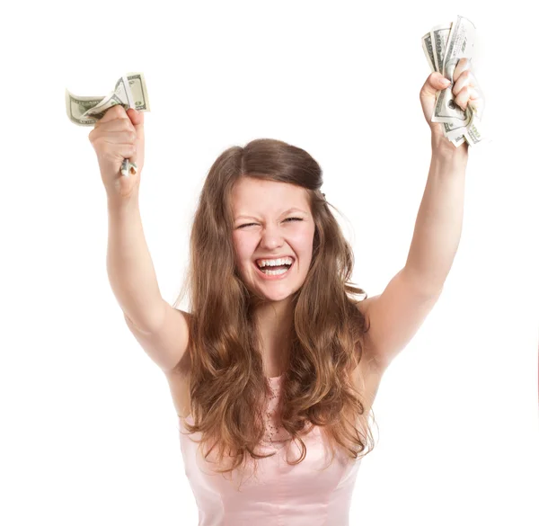 Joyful teenage girl with dollars in her hands — Stock Photo, Image