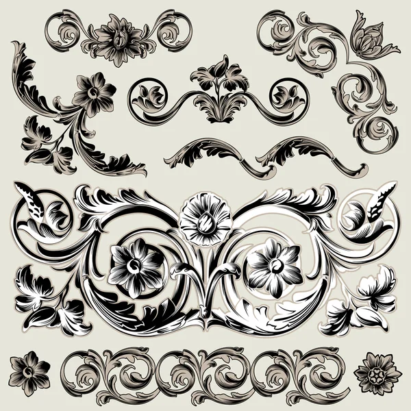 Ensemble d'éléments de décoration florale classique — Image vectorielle