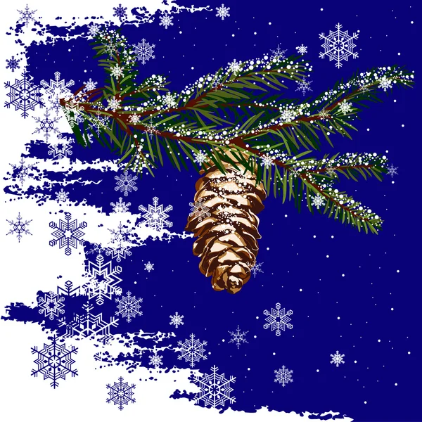 Rama de árbol de abeto con cono y fondo de nieve Ilustraciones de stock libres de derechos