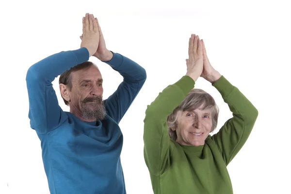 Пожилая пара, практикующая йогу — стоковое фото