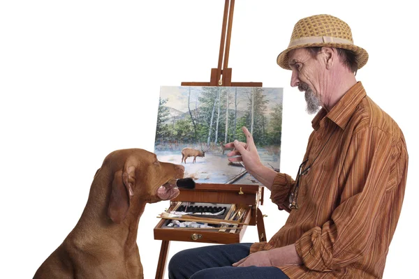 Painting lesson for a dog — Stock Photo, Image