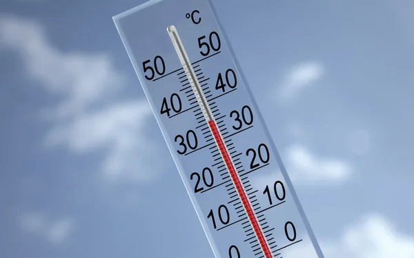 stock image Thermometer on sky background 35°c