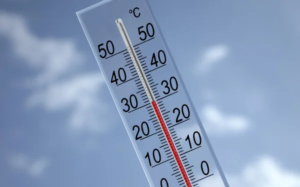 stock image Thermometer on sky background showing 30°c