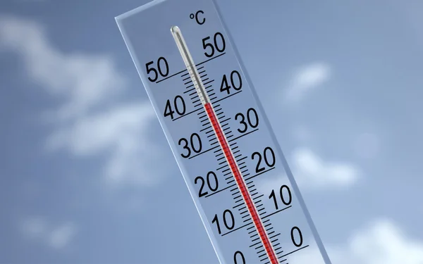 Thermometer on sky background showing 40°c Zdjęcie Stockowe