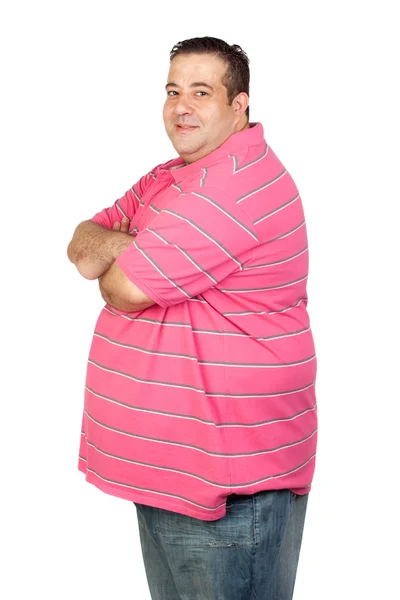 Homem gordo preocupado com camisa rosa — Fotografia de Stock