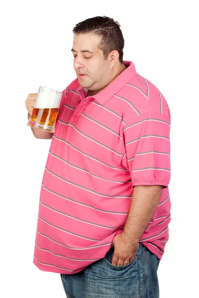 Fat man drinking a jar of beer — Stock Photo, Image