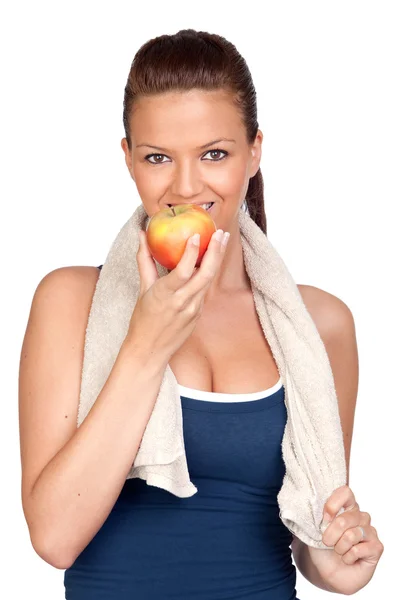 체조 여자 먹는 사과 — 스톡 사진
