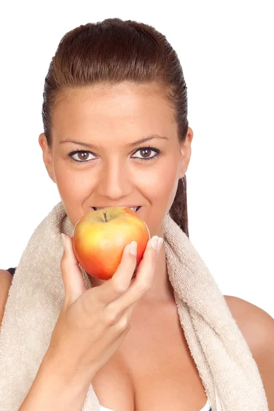 Gymnastik tjej äta äpple — Stockfoto