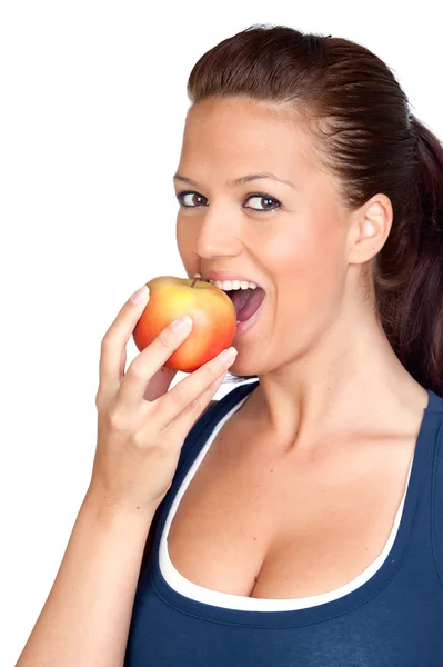 Gymnastics girl eating apple — Stock Photo, Image