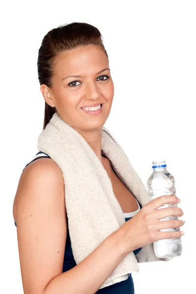 Ginnastica ragazza con un asciugamano e acqua — Foto Stock