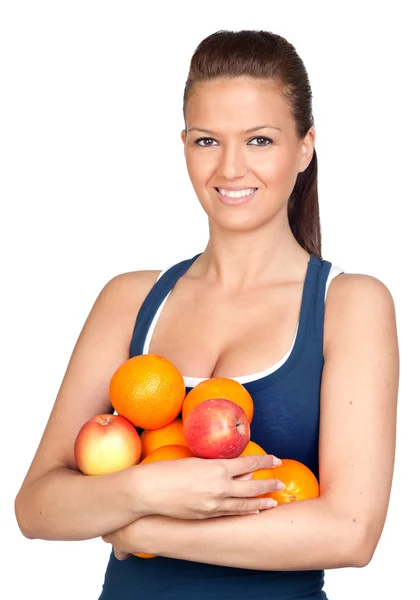 Chica gimnasia con muchas frutas —  Fotos de Stock