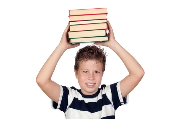 그의 머리에 많은 책을 가진 학생 아이 — 스톡 사진