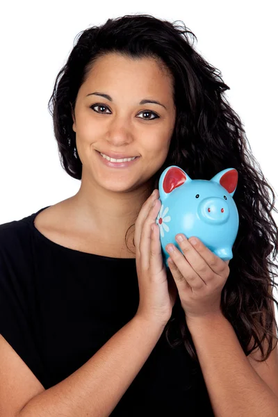 Menina atraente com um porquinho-banco azul — Fotografia de Stock