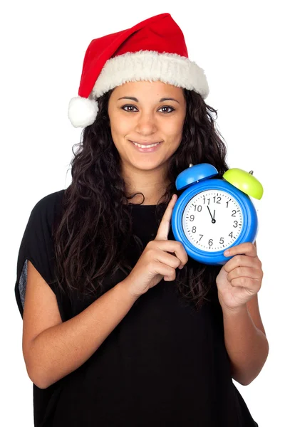 Vonzó nő karácsonyi kalapját, és egy óra — Stock Fotó