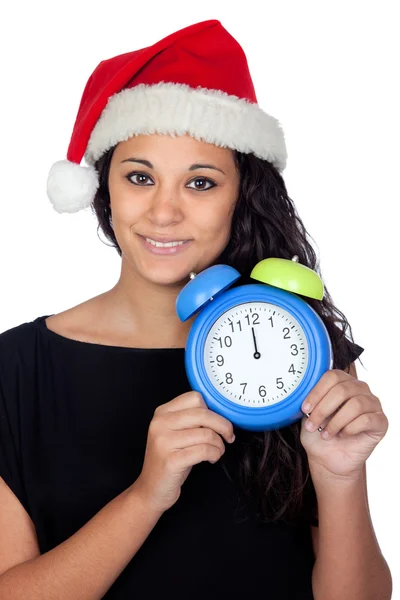 Ελκυστική γυναίκα με καπέλο Χριστούγεννα και ένα ρολόι — Φωτογραφία Αρχείου