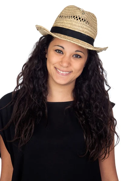 Приваблива жінка з солом'яним капелюхом — стокове фото