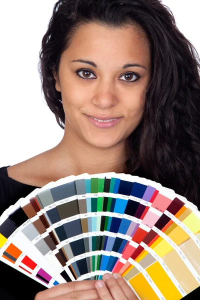 Aantrekkelijke vrouw met een grote steekproef van kleur — Stockfoto