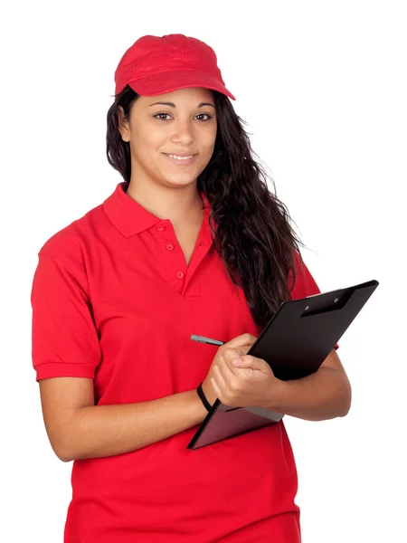 Молодой рабочий в красной форме — стоковое фото