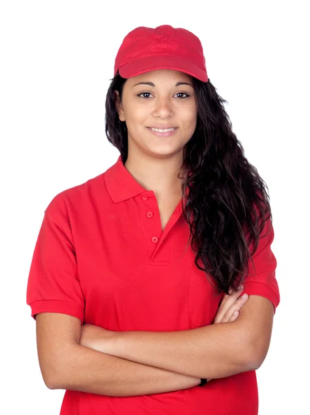 Jovem trabalhador com uniforme vermelho — Fotografia de Stock