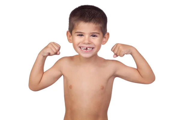 Tunn pojke visar hans muskler — Stockfoto