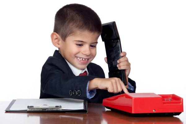 Piccolo uomo d'affari che segna un telefono rosso — Foto Stock