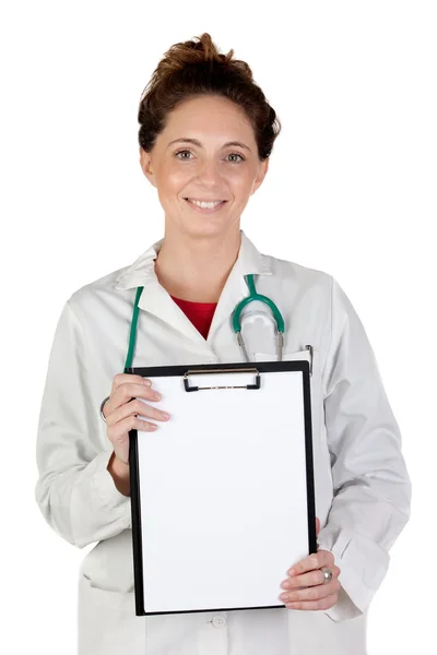 Médico feliz mulher com área de transferência em branco — Fotografia de Stock