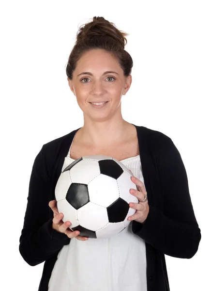 Милая девушка с футбольным мячом — стоковое фото