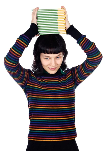 Dívka s knihami v hlavě — Stock fotografie
