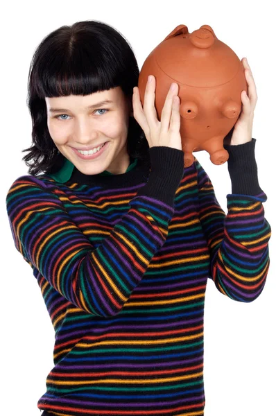 Casual girl with money box — Stock Photo, Image