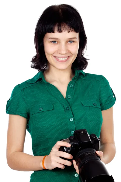 Mulher segurando uma câmera fotográfica — Fotografia de Stock