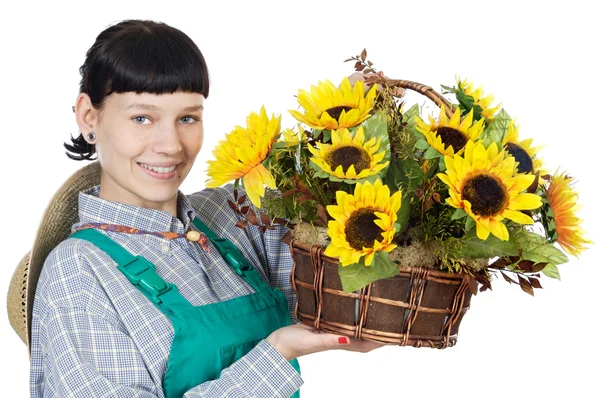 Aantrekkelijke gelukkig vrouw gekleed tuinman — Stockfoto