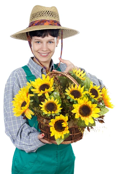 Mulher vestido jardineiro — Fotografia de Stock